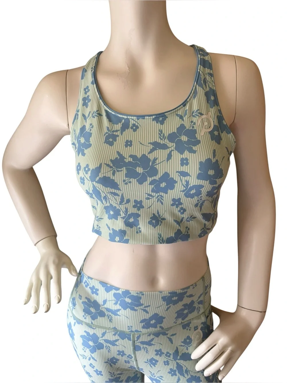 Peloton Blue Floral on Cream/Green Striped Women's Sports Bra & Leggings Set, M
